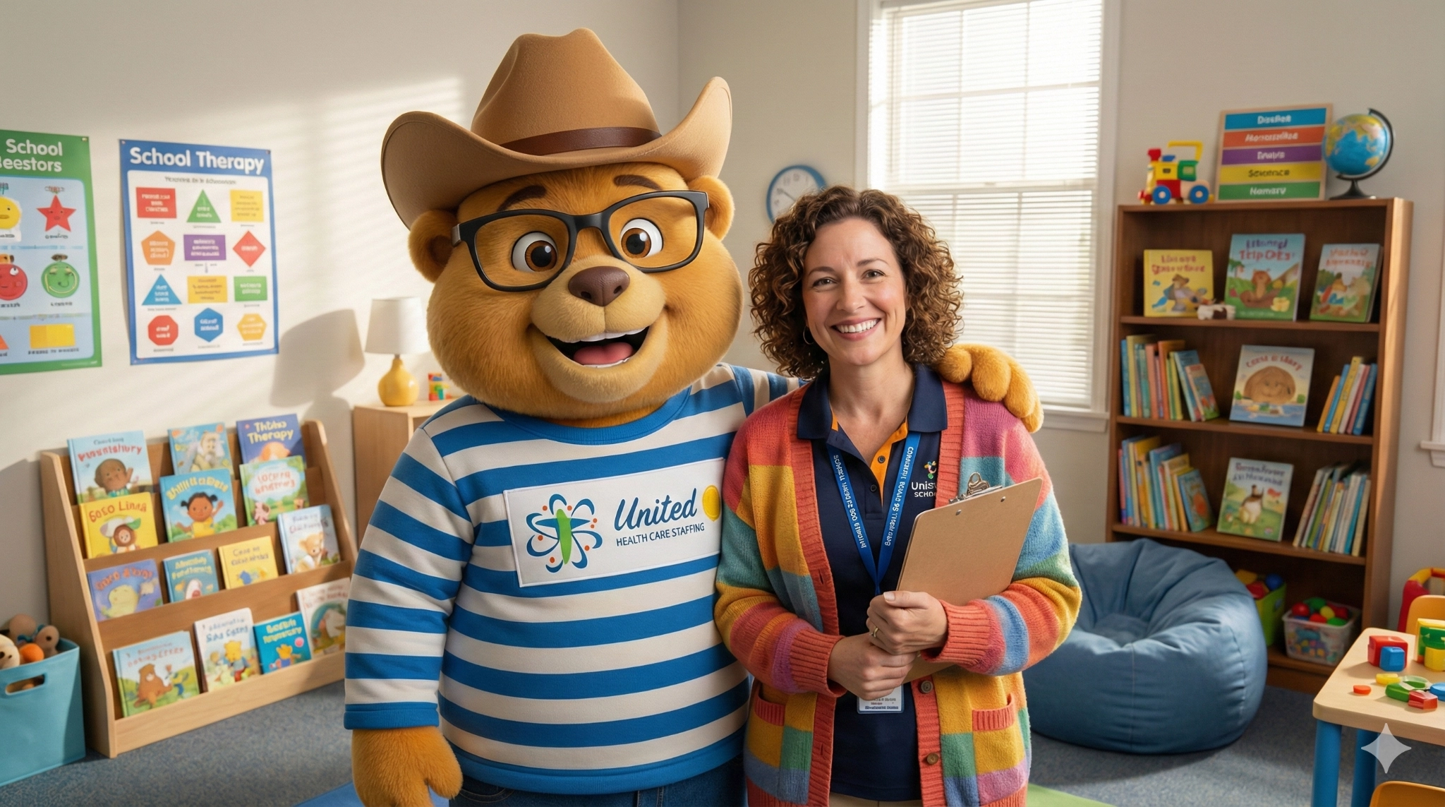 A school therapist working with a young student in a classroom setting.
